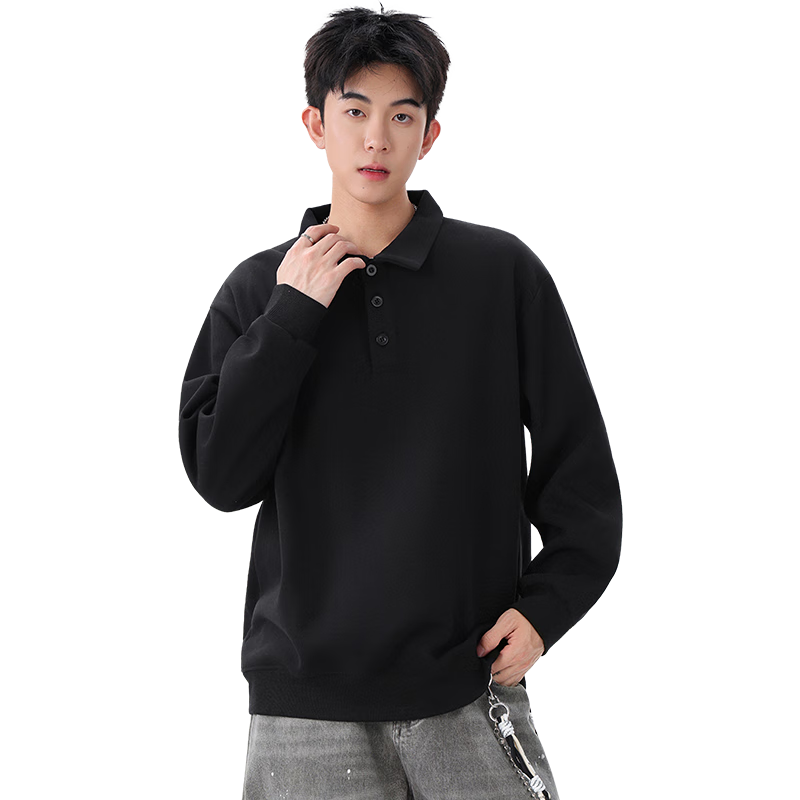 Dingfengbaoluo Heavyweight Polo Collar Sweatshirt Men Autumn Winter Trendy Casual Loose Simple Solid Color Top DQZ10 Black XL