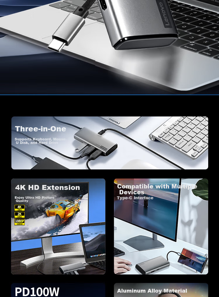 Lenovo Type-C Expansion Dock, USB Hub Splitter, USB Extender Hub, HDMI 4K HD PD 100W Converter, Laptop Expansion Dock BY05-H1 (Metal) 2