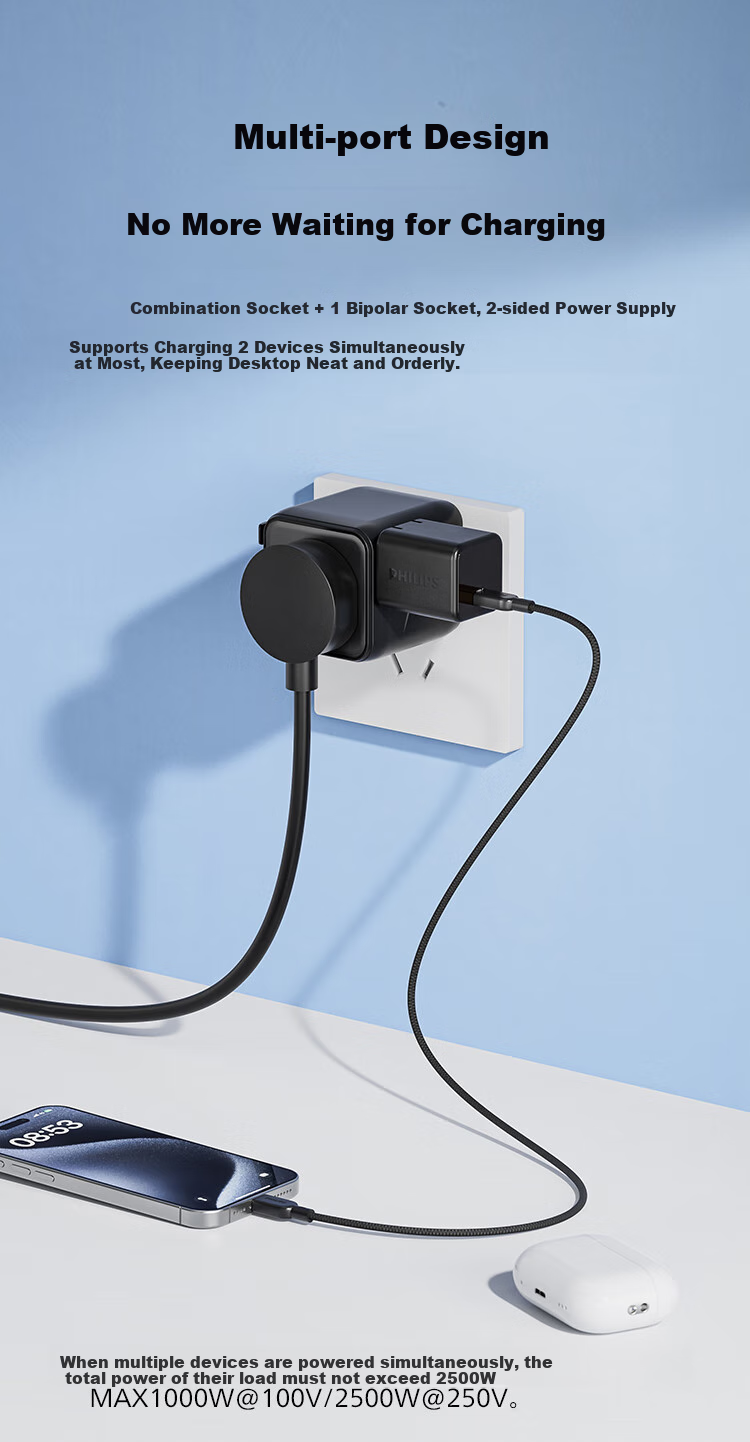 PHILIPS Side-Insert 2-Outlet Travel Adapter/multi-Country Universal International Travel Socket Converter/Compatible with UK, EU, US, AU, Japan, Hong Kong, Singapore, Thailand, Includes Powder 2