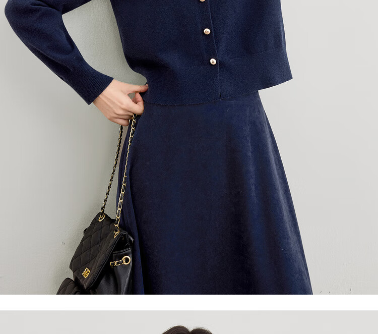 Sentubila Elegant Commuter Set Women Autumn Color-Block Lace Round Neck Stretch Knit Top A-Line Flared Skirt Two-Piece Set 7