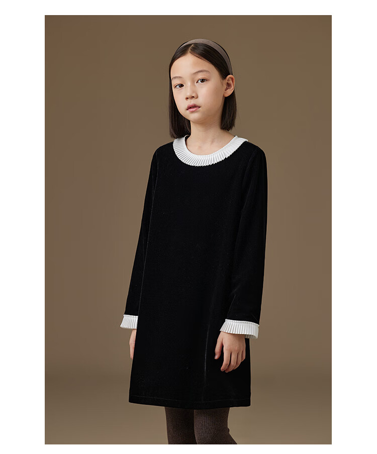 Hacikis Kids Autumn Winter French Hepburn Style Children's Lace Velvet Girls Long Sleeve Dress Thick Mousse Black 160 2