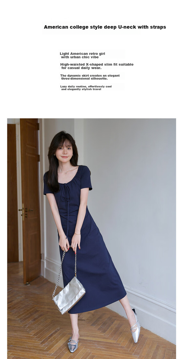 Mt [American College] Summer Simple Large U-Neck Tie-Up Stretch Cotton Spandex Short-Sleeve A-Line Mid-Length Women's Dress 1