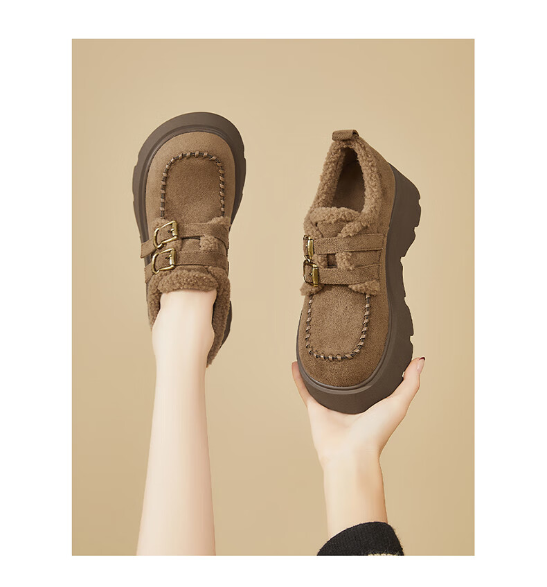 DAPHNE Women's Petite Thick Sole Full Coverage Birkenstock Shoes with Buckle, Fleece Lined, Warm and Fashionable Flats, Brown, Size 37 4