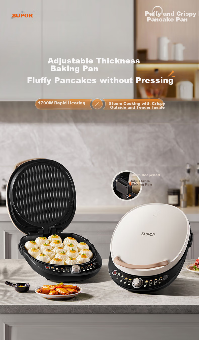 SUPOR Electric Griddle, Detachable Upper And Lower Plates for Home Use, Steamer Pot Hot Pot Wok, Pancake Maker, Sandwich Breakfast Machine with 75mm Deep Pan, Touch-Control Smart Panel JD2828R892 4