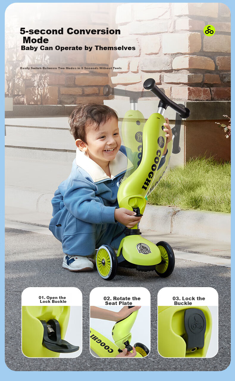 COOGHI Children's Scooter V2 Two-In Multifunctional Kids' Bike, Gravity Steering, Quiet, for Ages 1-5, Birthday Gift, Classic Gree 9