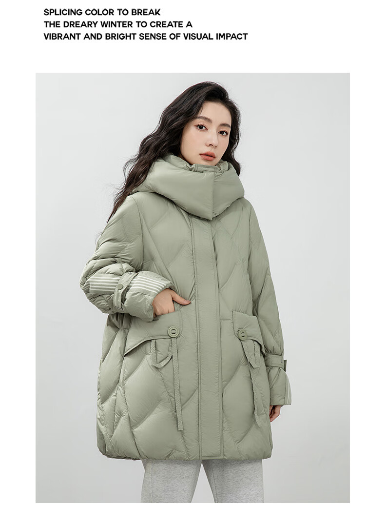 BLOOM FLOWERS Women's Down Jacket 2025 Winter Mid-Length Solid Color Striped Fashion Casual Hooded Warm Coat 15