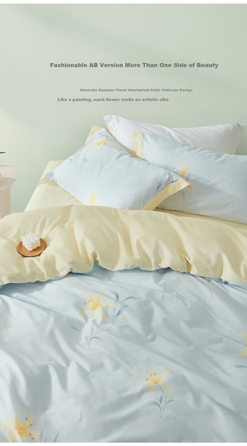 LUOLAI Home Textiles, Pure Cotton Four-Piece Bedding Set, Bedsheet And Duvet Cover, 100% Cotton Floral Pattern Set, Lily of The Valley, Blue, 220*250 4