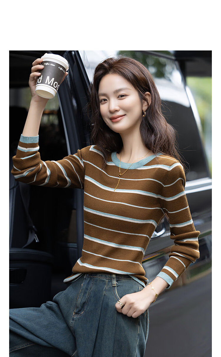 Demana Vintage Colorblock Striped Ribbed Jacquard Slim Knit Sweater with Soft Merino Wool for Autumn Women 3
