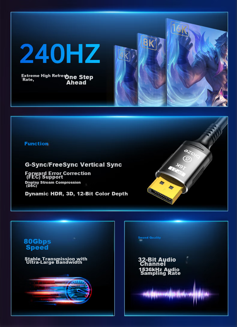 BIAZE DP Cable Version 2.1, 2 Meters, 16K High-Definition Gaming 240Hz High Refresh Rate Compatible with 1.4/1.2 DisplayPort, Laptop Graphics Card to Monitor Video Connection Cable 3