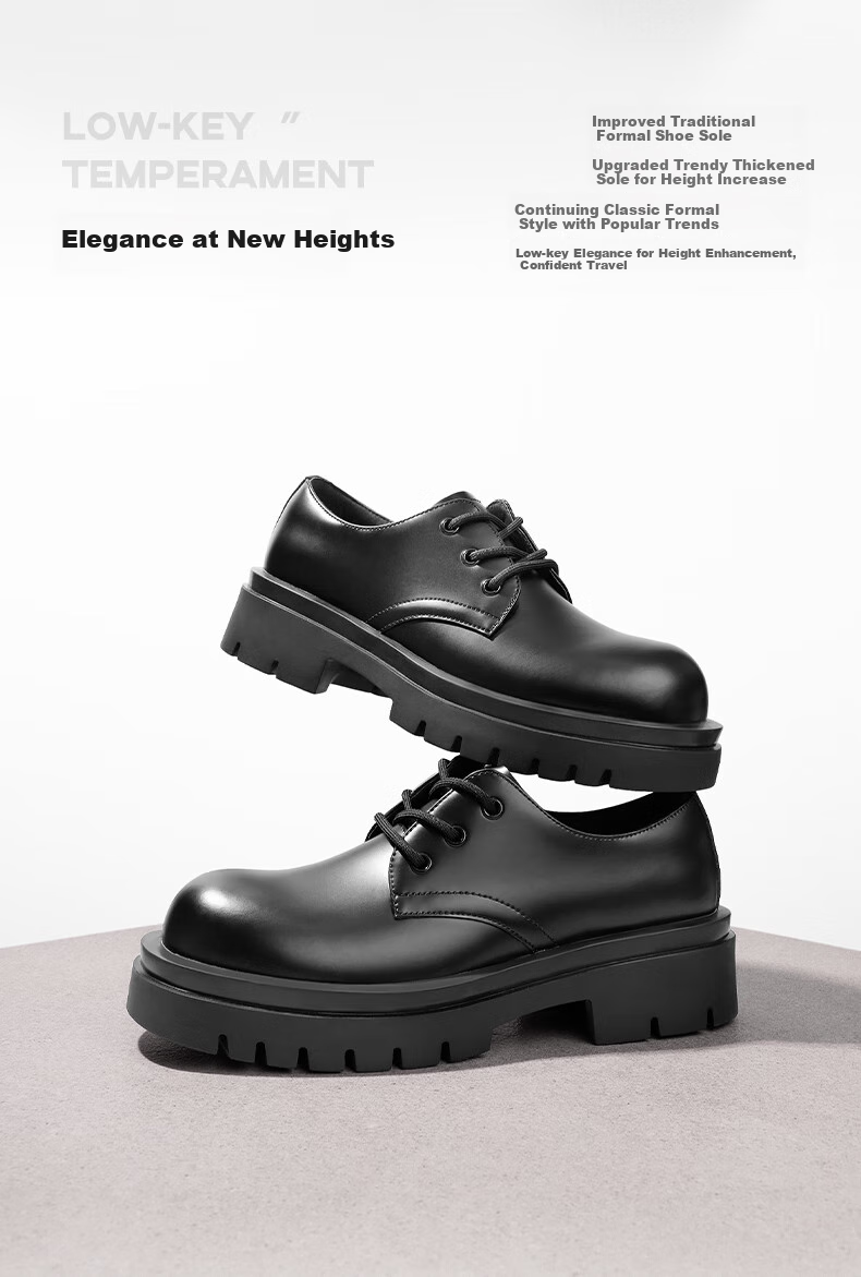 Belle Zhang Linghe Yangyang Same Style Thick-Soled Business Derby Shoes Men's Autumn Commute Formal Leather Shoes, Black Glossy, Size 44 4