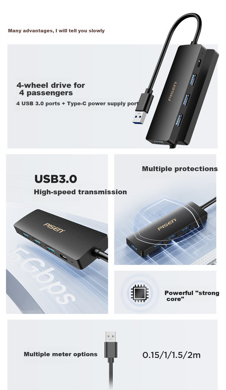 Pisen USB3.0 Hub, High-Speed 4-Port Expansion Dock, One-To Converter, Laptop Desktop Computer Keyboard Mouse Hub Extension Cable, Type-C Powered Hub 4