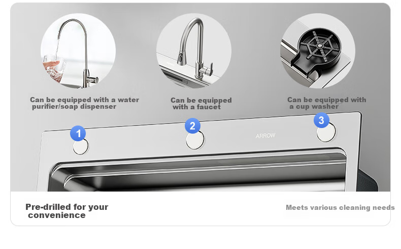 ARROW Kitchen Sink, Silver Brushed Stainless Steel Single Bowl, Undermount Sink for Kitchen, Dishwashing And Vegetable Washing, Integrated Stretching Sink 5