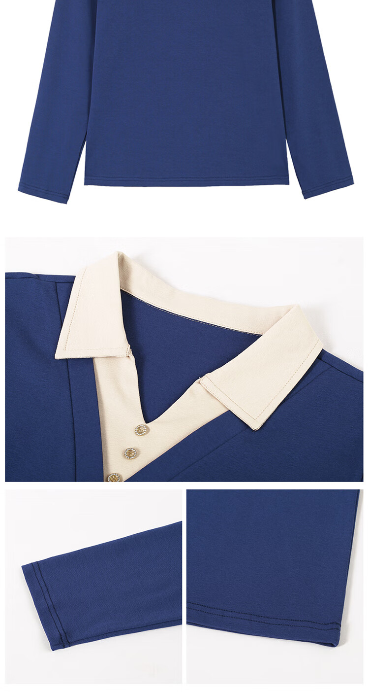 Woodpecker Women's Long Sleeve Polo Shirt Fake Two-Piece Autumn New Large Size Base Shirt Blue 3XL 17