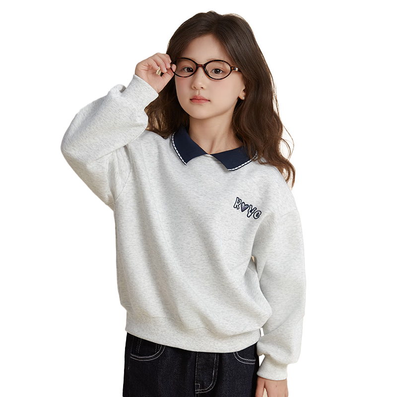 Fulomi Girls' Sweatshirt Spring and Autumn Korean Style Casual Loose Lapel Children's Fashion Clothing Gray 150