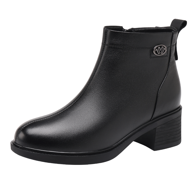 Red Dragonfly Women's Fleece-Lined Warm Cowhide Short Boots Durable Commuter Fashion Mom Cotton Boots WTC457551H Black Size 37