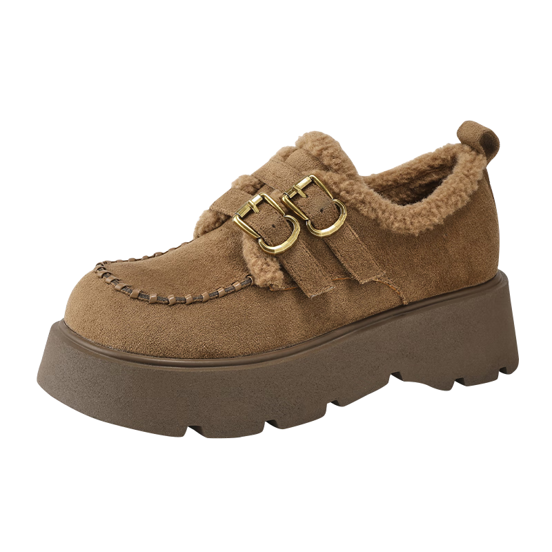 DAPHNE Women's Petite Thick Sole Full Coverage Birkenstock Shoes with Buckle, Fleece Lined, Warm and Fashionable Flats, Camel, Size 36