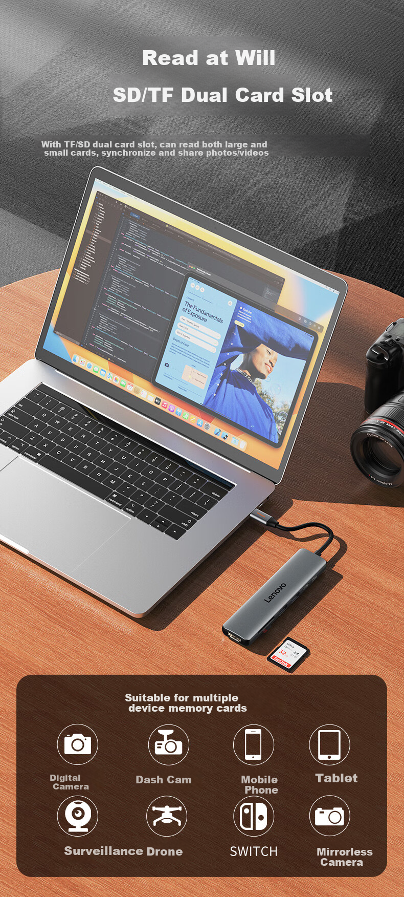 Lenovo Type-C Expansion Dock, USB-C to HDMI Converter, USB3.0 Hub, Laptop Splitter, 4K60Hz Screen Mirroring, PD Fast Charging, Multi-Port Adapter 7