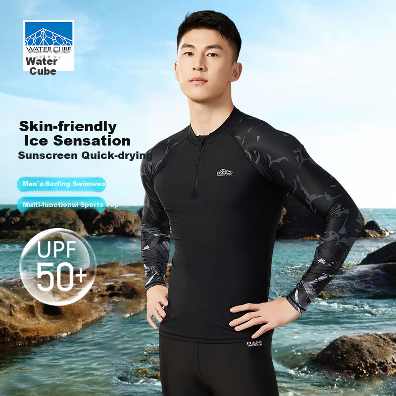 WATER CUBE Men's Swimwear, Sports Fitness Sun Protection Quick-Dry Swimming Top, Jellyfish Suit Long Sleeve Diving Surfing Suit, Black 2XL