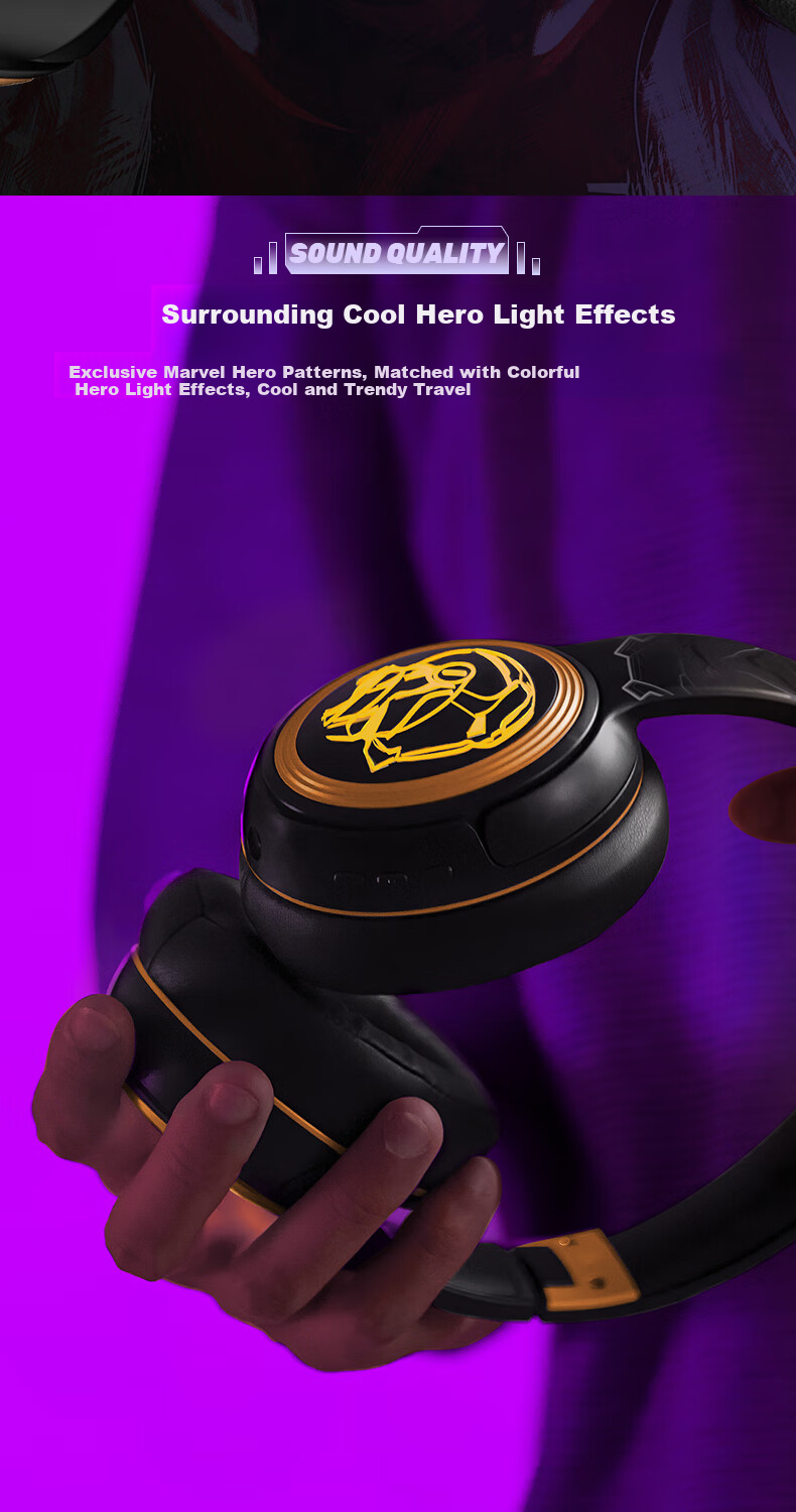 Disney Marvel Co-Branded Wireless Bluetooth Headphones, Over-Ear, Long Battery Life, for E-Sports Gaming, Sports, Music, Computer Headset, Couples Birthday Gift for Men, MR13 Black Panther 5