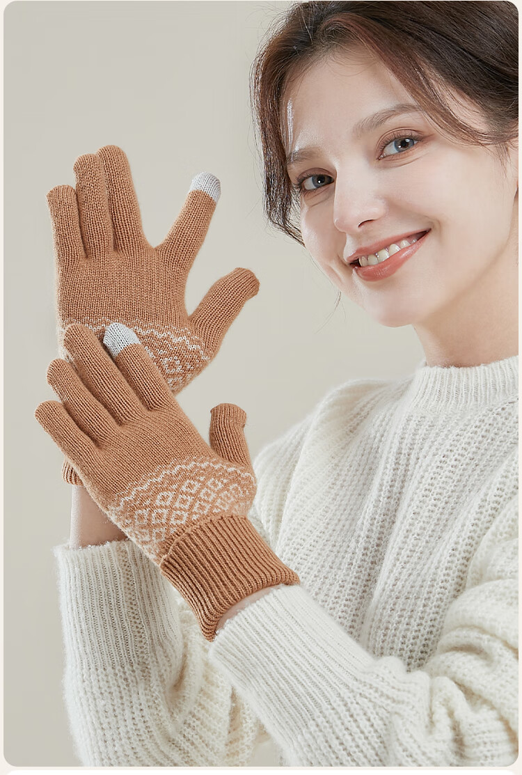 JIUMU 100% Wool Warm Gloves Women Winter Thickened Cold-Resistant Bohemian Style Autumn Winter Touchscreen Knitted Wool Gloves 13