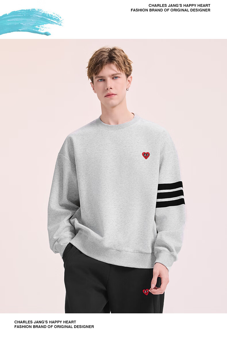 Charles Heart American Style Three Stripes Crewneck Sweatshirt Loose Fit Spring Autumn Couple New Heart Embroidery Long Sleeve Light Heather Gray XS 4