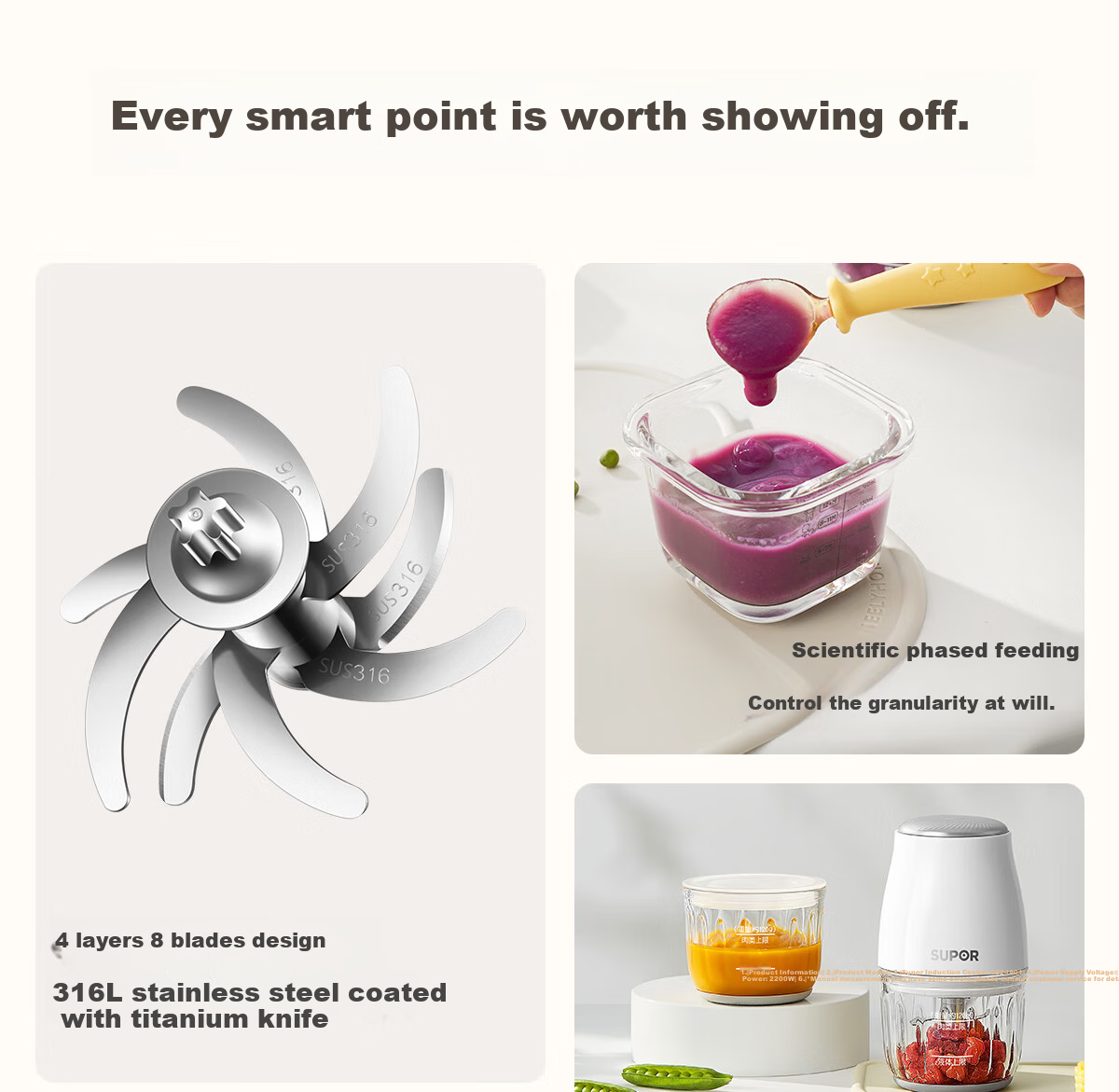 SUPOR Baby Food Processor, Multifunctional Baby Food Preparation Tool, Food Blender with 8 Blades And Dual Cups, Double Blade, FB10F 12