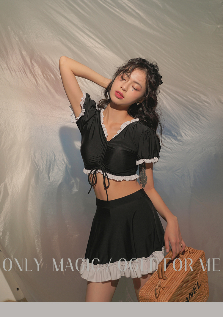 OMOM Women's Conservative Summer Swimsuit, Fashionable Student Two-Piece Skirted High-Waist Slimming Sanya Cute Hot Spring Swimming Suit, Black, L (Recommended for 98-118 Jin) 1
