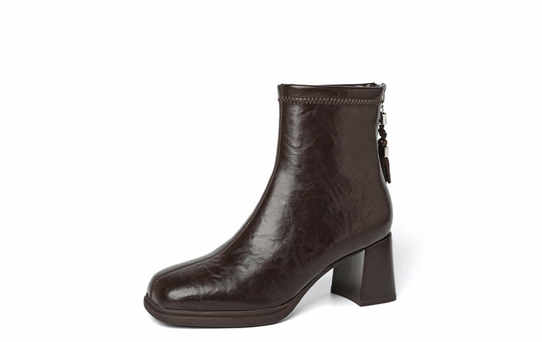 DAPHNE Vintage High Heel Fleece-Lined Ankle Boots for Women Petite French Square Toe Fashion Chunky Heel Slim Leather Boots Brown 37 9