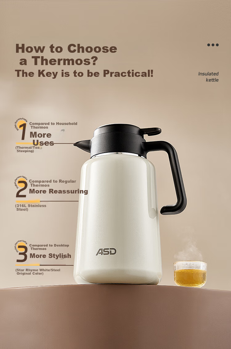ASD Insulated Bottle, Large Capacity for Home Use, 316L Stainless Steel Inner Liner, Vacuum Thermal Water Kettle, Thermos Flask, 1.8 Liter, Xingyun White 1