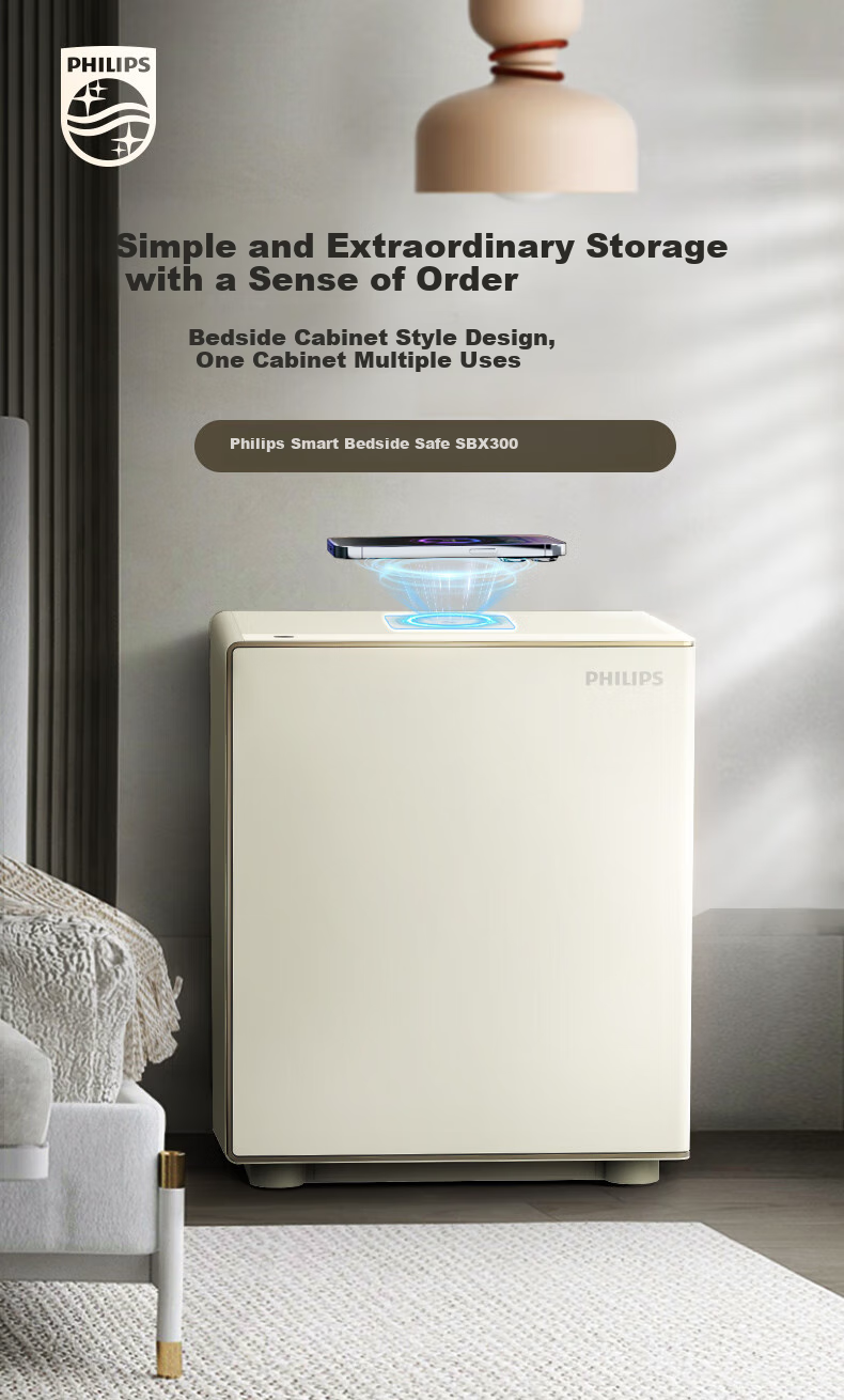 PHILIPS Safe, Home Bedside Cabinet-Style, Wireless Charging, Smart Alarm, Fingerprint Password Key, Office Safekeeping Box, Safe SBX300, Smoke White 1