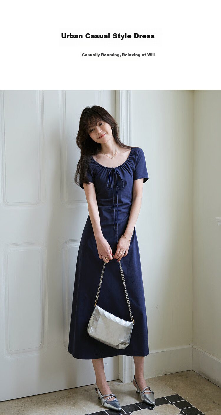 Mt [American College] Summer Simple Large U-Neck Tie-Up Stretch Cotton Spandex Short-Sleeve A-Line Mid-Length Women's Dress 2