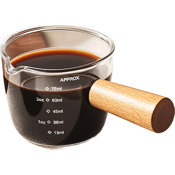 CLITON Japanese Style Wooden Handle Glass Milk Jug Heat-Resistant Measuring Cup Latte Art Cup with Scale Single Spout Milk Pitcher 75ml