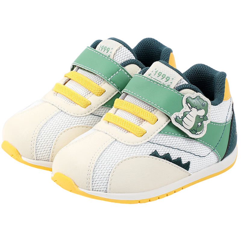 DR·KONG Autumn Pre-Walking Shoes for Boys And Girls, Cute Cartoon Breathable Lightweight Easy-To Velcro Baby Shoes, Beige/green, Size 21