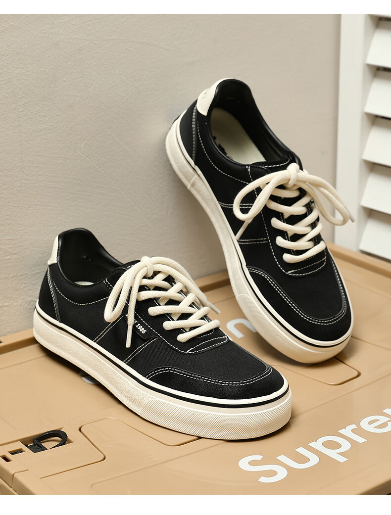 Renben Spring And Autumn Retro Canvas Shoes, Versatile Classic Sneakers for Men, Korean Style Trendy Men's Shoes, Black, Size 41 6