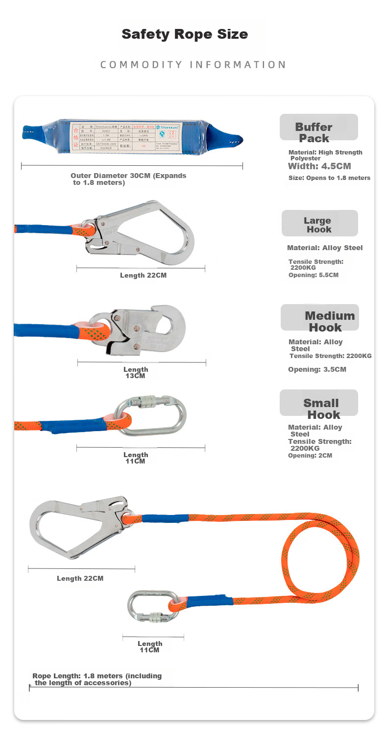 SHANDUAO Three-Point Safety Harness, AD8901 Single Small Hook, 1.8 Meters, Fall Protection for Working at Height, New National Standard 11