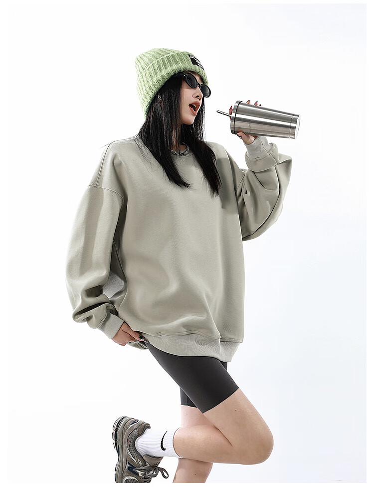 ICH MODE Women's American Style Crew Neck Solid Color Sweatshirt Spring Autumn New Loose Lazy Pullover Long Sleeve Top Black M 19