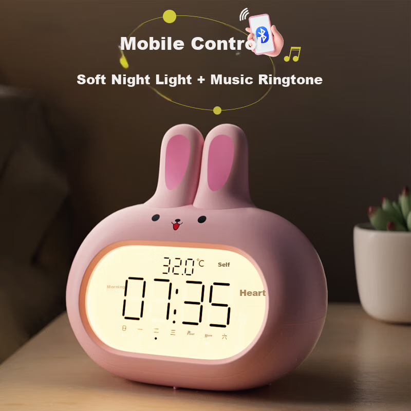 Compas Electronic Alarm Clock Wake-Up Device, Cute Cartoon Children's Digital Clock with Night Light And Adorable Rabbit Alarm, Cherry Blossom Pink Back-To Seaso