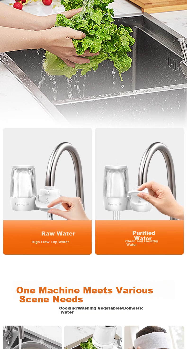 Joyoung Faucet Water Purifier, Removes Residual Chlorine, Dual Outlet, One Machine with Four Cartridges, Transparent Window, Thickened Filter Cartridge T26 8