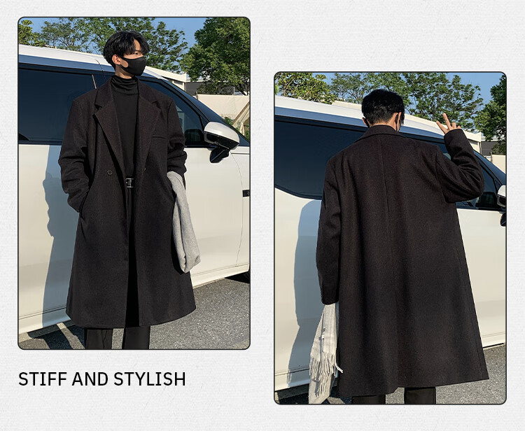 Homlean Men's Woolen Coat Autumn Winter Mid-Length Korean Style High-Quality Loose Over-the-Knee Wool Trench Coat HT21 Gray XL 3