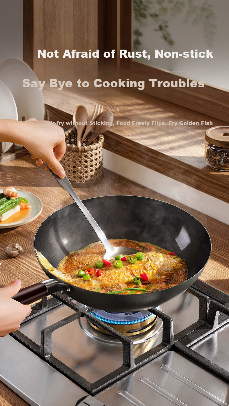 Royalstar Zhangqiu Wok Iron Pan Non-Coated Non-Stick Pan for Home Use Forged Stir-Fry Pan Flat Bottom Compatible with Induction Cooker And Open Flame with Lid 32cm 10