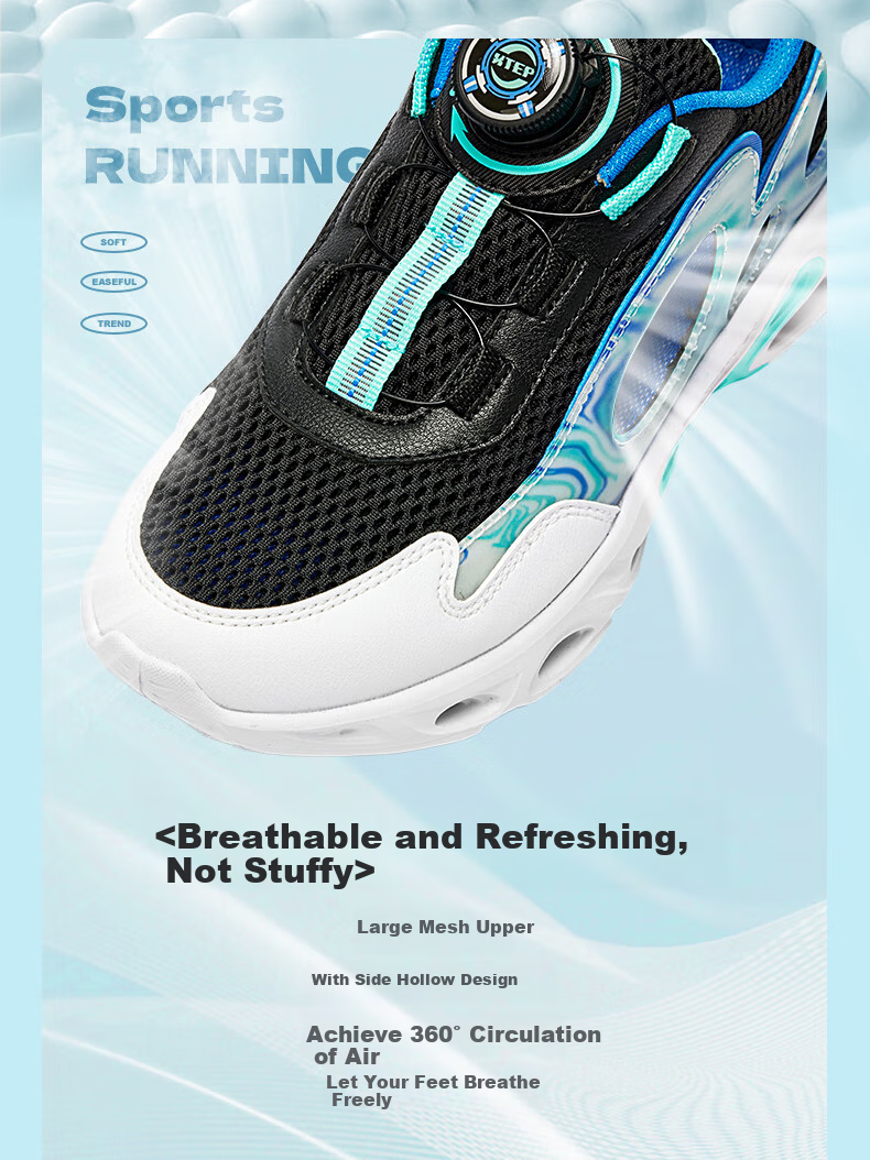XTEP Children's Shoes, Boys' Cage Shoes, Breathable Rotating Buckle Running Shoes, Black/New White/Prussian Blue, Size 33 3
