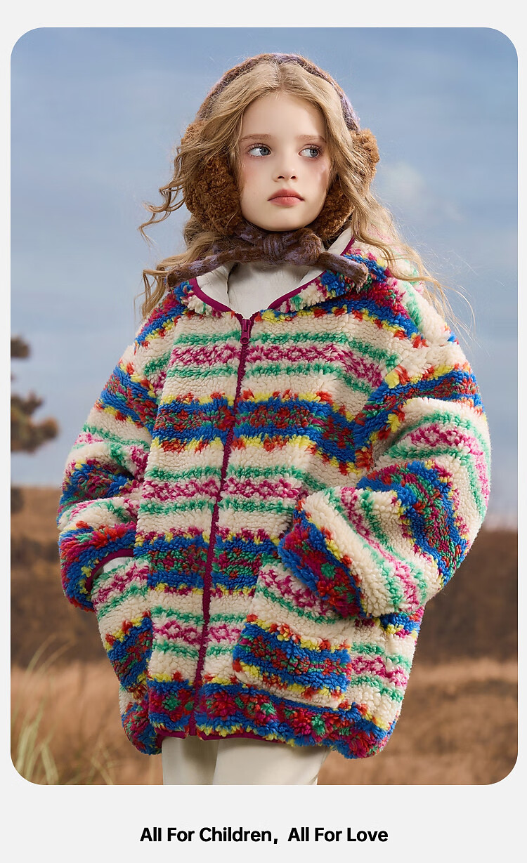 ASK JUNIOR Children's Plush Small Fragrance Style Coat 25 Winter Fair Isle Colorblock Hooded Warm Jacket Floral 5