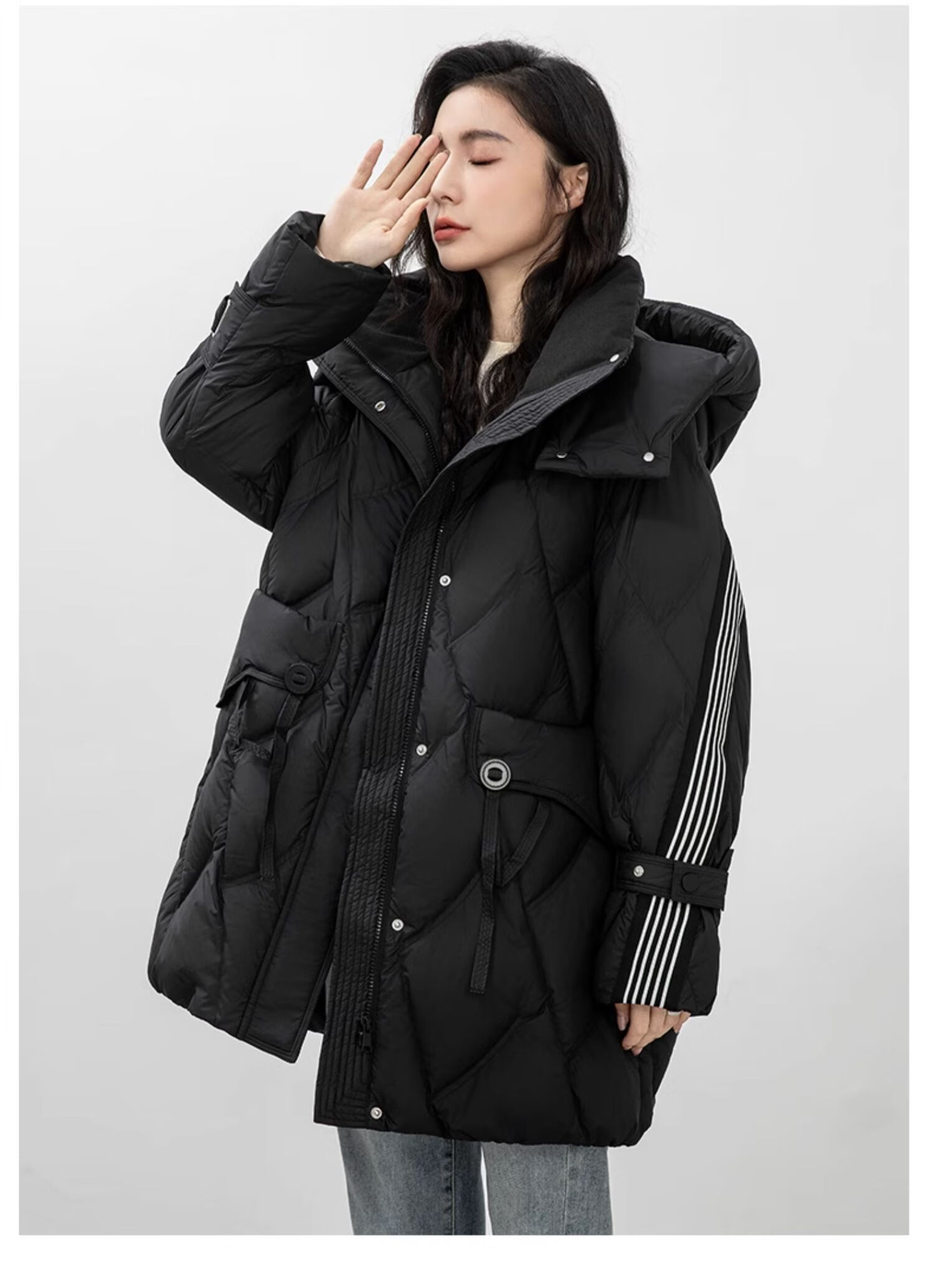 BLOOM FLOWERS Women's Down Jacket 2025 Winter Mid-Length Solid Color Striped Fashion Casual Hooded Warm Coat 30