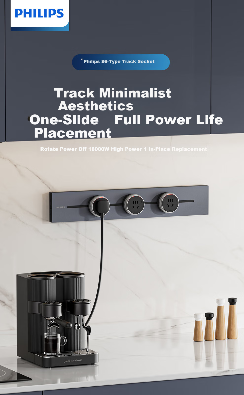 PHILIPS Surface-Mounted Track Socket Switch Panel, Wall-Mounted without Groove, Movable Sliding Rail Panel, Sideboard Track-Type Sliding Power Strip, 42cm Track + 2 Adapters, Gray 1