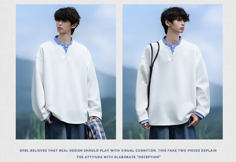 Dingfengbaoluo Men's Sweatshirt, Spring American Casual Style, Faux Two-Piece Loose Fit, Retro Shirt Collar Top, DP02 Aurora White, Size M 10