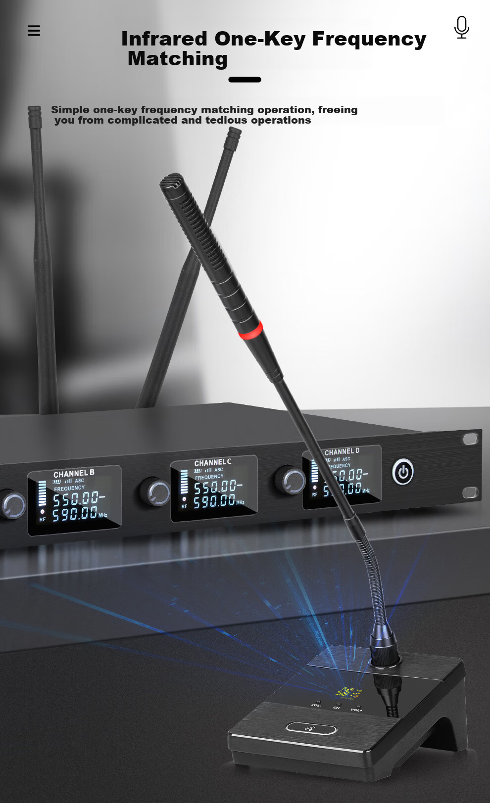 Depusheng DF206 Professional Wireless Microphone System with One Transmitter And Four Receivers for Hosting, Live Streaming, Singing, Stage Speaking, Training, Teaching, Engineering Applications, Stable Microphone with Waist Pack And Anti-Howling Desig 5