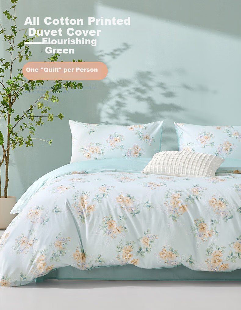 BEYOND Bedding Pure Cotton Duvet Cover with Printed Floral Pattern, All-Cotton Bedspread, Single Piece Set, Floral Green, 150*210cm 1