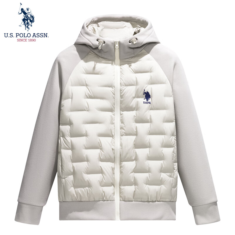 U.S. POLO ASSN. down Jacket, Autumn And Winter Men's Casual Warm Hooded Jacket, Men's Couple Sweatshirt Coat, Pearl White, XL