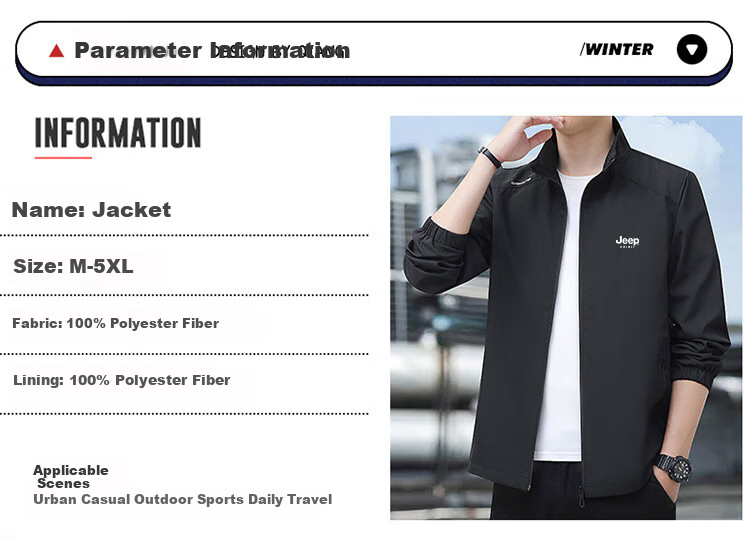 JEEP SPIRIT Men's Jacket, Versatile Casual Stand-Collar Business Outdoor Sports Coat for Spring And Autumn, Black, 2XL 1