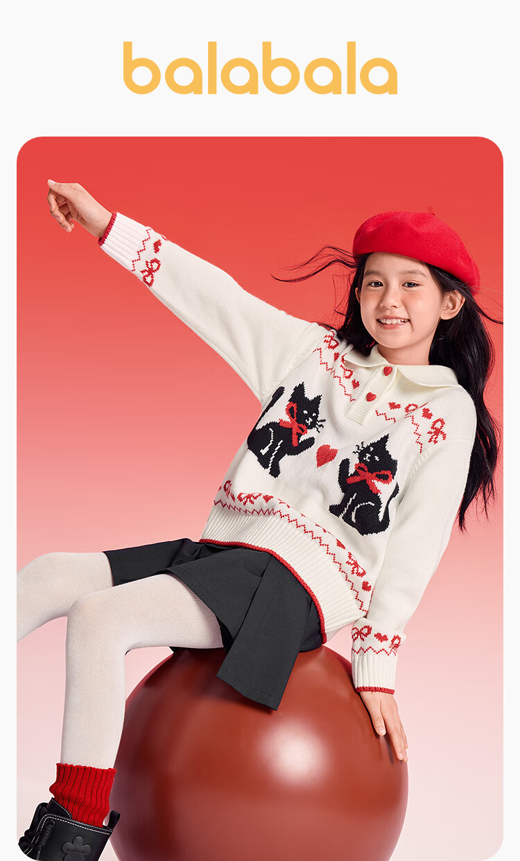BALABALA 【balaOne】 Kids Sweater Girls Pullover Knitwear 2025 Autumn Winter Sweet New Year Outfit 1